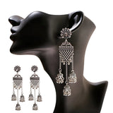 Silver Indian Long Hanging Jhumka Round Earrings Pair