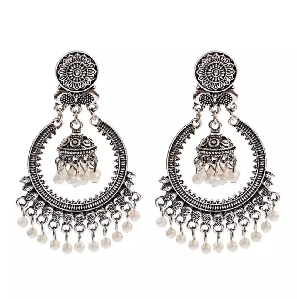 Silver Indian Long Hanging Jhumka Round Earrings Pair – HandTstudio