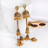 Gold Indian Long Hanging Jhumka Round Earrings Pair
