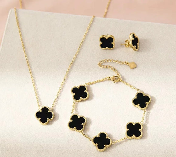 18K Titanium Gold Waterproof Four Leaf Clover Jewelry Set