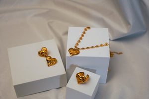 3pc Heart 18K Gold Titanium Chain, Earring, and Adjustable Ring Set