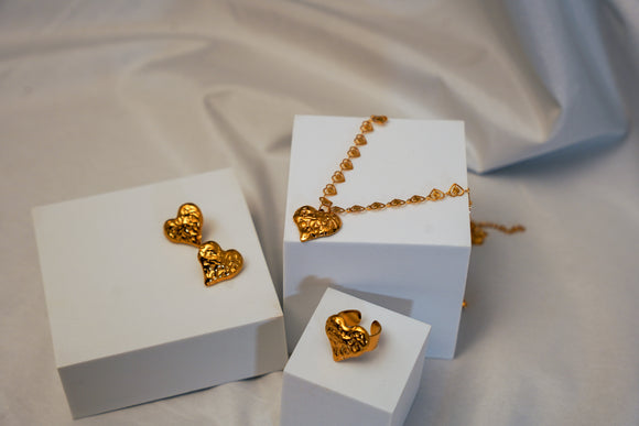 3pc Heart 18K Gold Titanium Chain, Earring, and Adjustable Ring Set