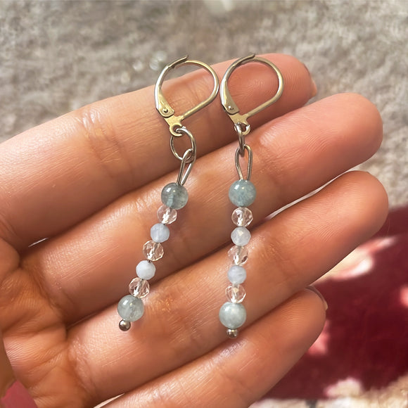 Aquamarine and Clear Quartz Crystal Titanium Earrings