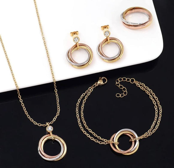 18K Gold Waterproof Multicolour Three Ring Jewelry Set