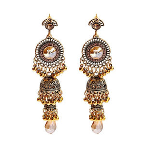 Gold Indian Long Hanging Jhumka Round Earrings Pair