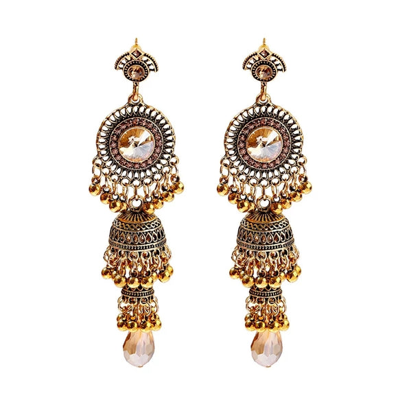 Gold Indian Long Hanging Jhumka Round Earrings Pair