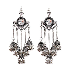 Silver Indian Long Hanging Jhumka Round Earrings Pair