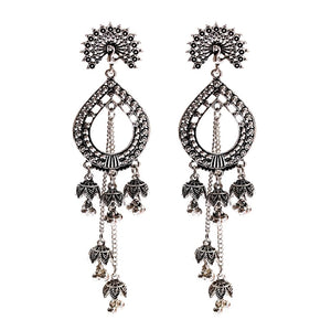 Silver Indian Long Hanging Jhumka Round Earrings Pair