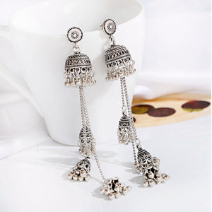 Silver Indian Long Hanging Jhumka Round Earrings Pair