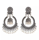 Silver Indian Long Hanging Jhumka Round Earrings Pair