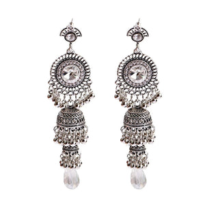 Silver Indian Long Hanging Jhumka Round Earrings Pair