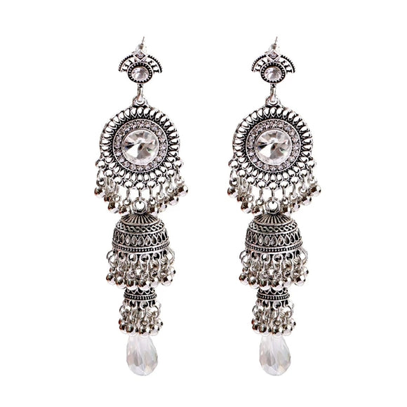 Silver Indian Long Hanging Jhumka Round Earrings Pair