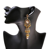 Gold Indian Long Hanging Jhumka Round Earrings Pair