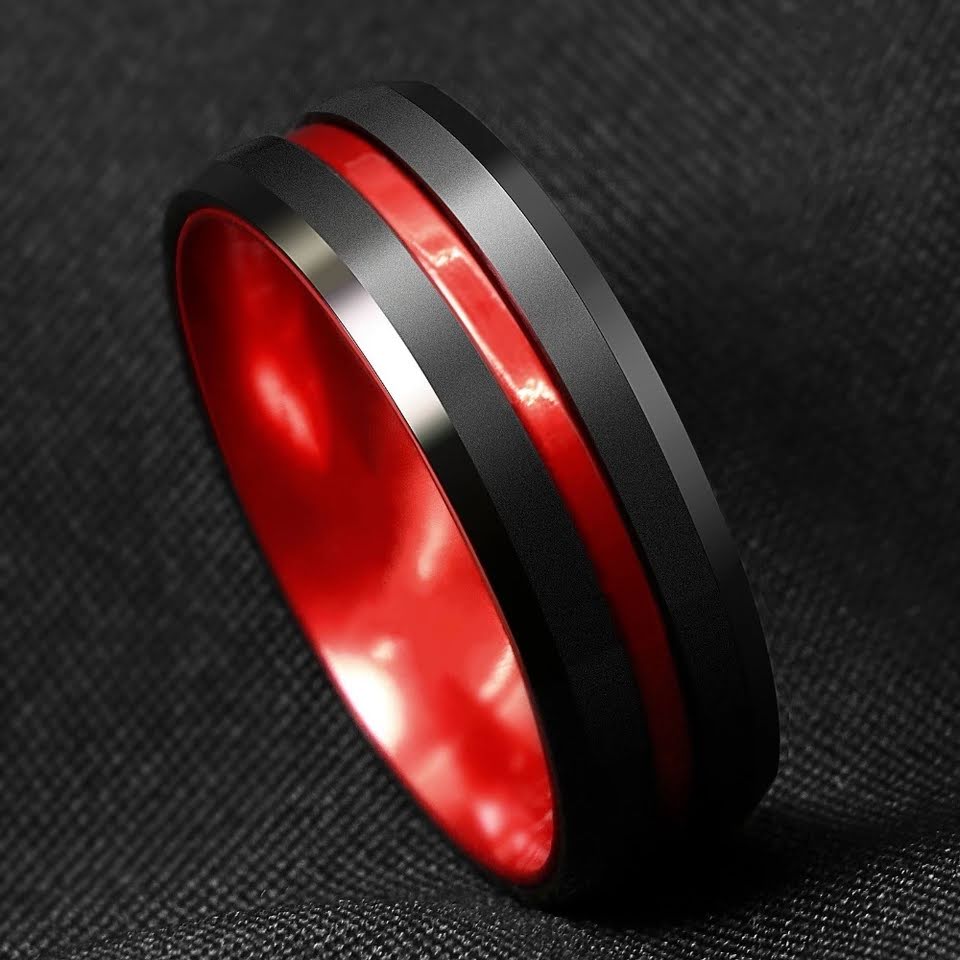 Two-Tone Ring Tungsten Carbide retailer Wedding Band Black & Red Inner Inlay