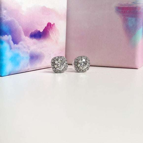 Diamond Stud Earrings in Silver 1 Carat, Square Diamond Earrings