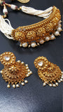 Indian Bridal Kundan Choker Necklace & Jhumkas Pearl Earring Set
