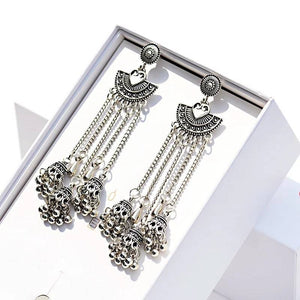 Silver Indian Long Hanging Jhumka Round Earrings Pair