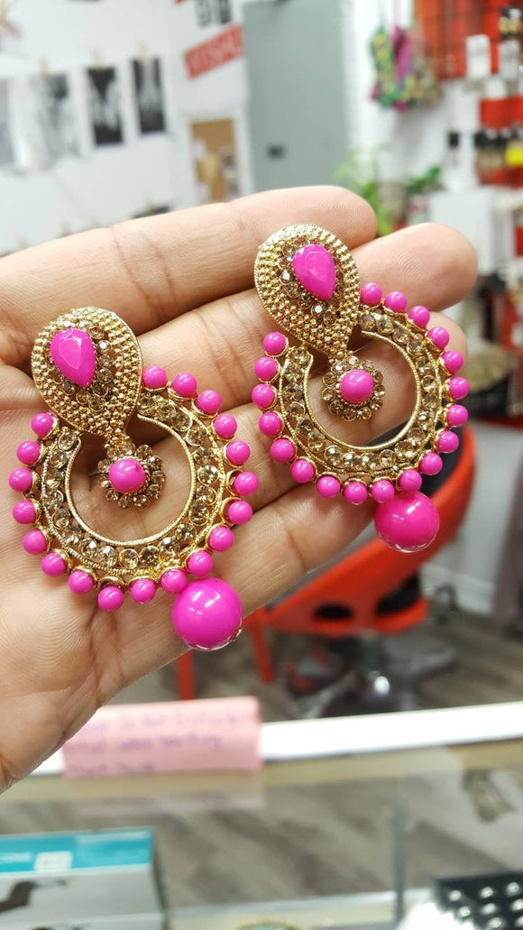 Gold Indian Crystals Pink Round Earrings Pair