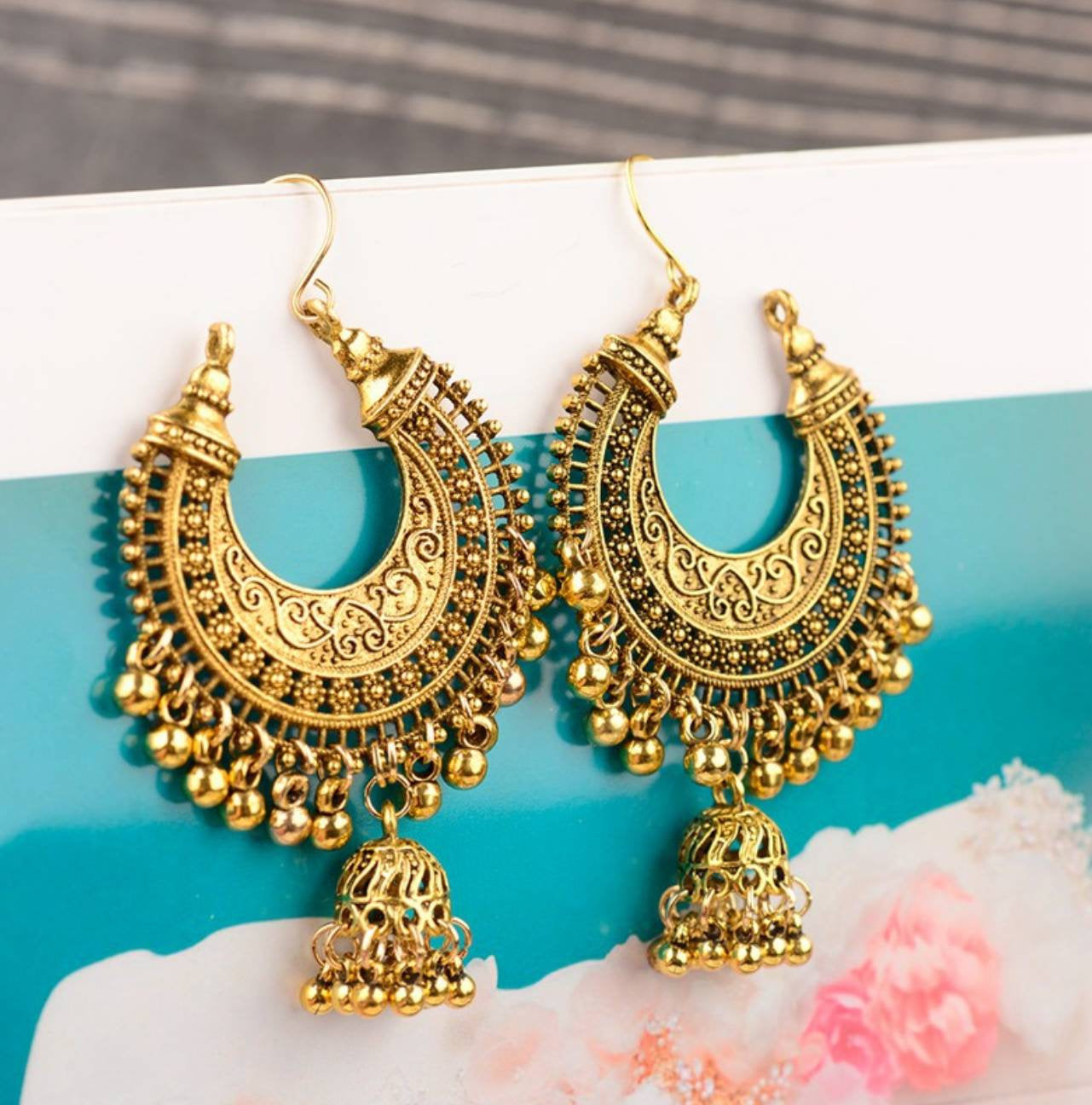 22k yellow gold plated matte finished pearl beaded indian jhumka earrings