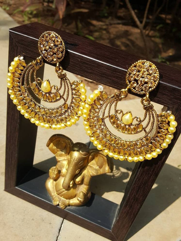 Gold Indian Mastani Large Round Pearl Crystal Earrings Pair