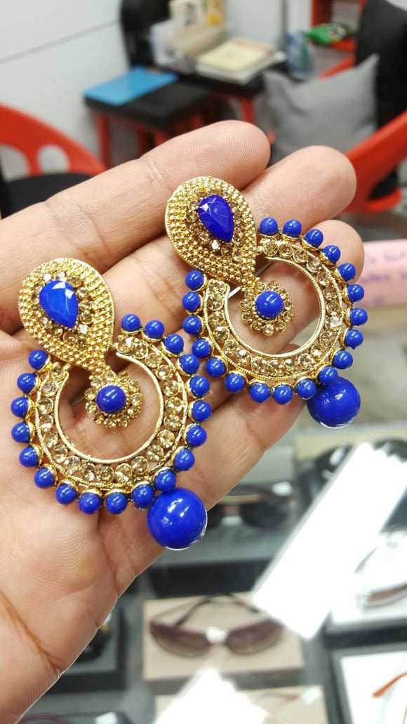 Gold Indian Crystals Blue Round Earrings Pair