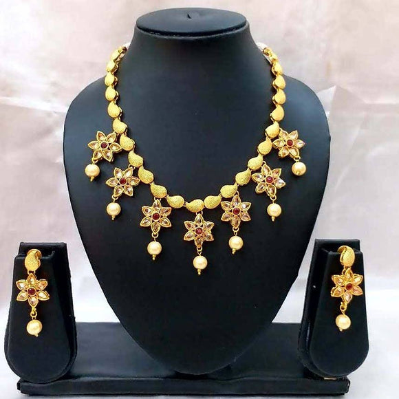 Rani Kundan Red Flower Necklace & Crystal Earring Set