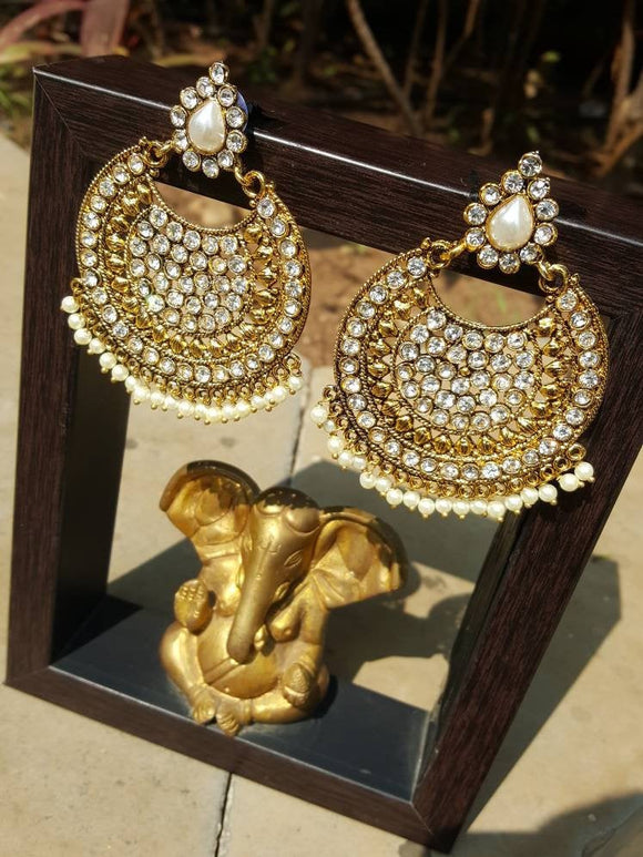 Gold Indian Mastani Large Round Crystal Earrings Pair