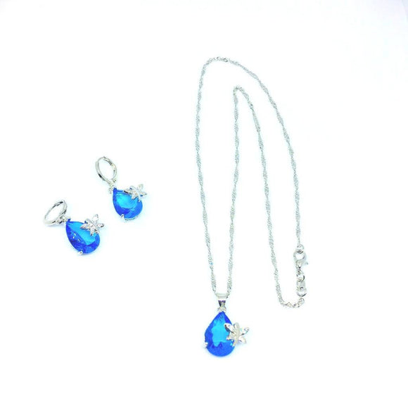 925 Sterling Silver Blue Waterdrop Austrian Crystals Butterfly Necklace Earrings Set