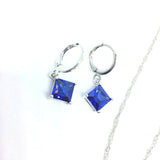 925 Sterling Silver Dark Blue  Austrian Crystals Princess Cut Necklace Earrings Set