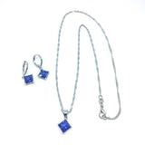 925 Sterling Silver Dark Blue  Austrian Crystals Princess Cut Necklace Earrings Set