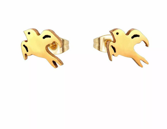 Titanium Gold Birds Stud Earrings
