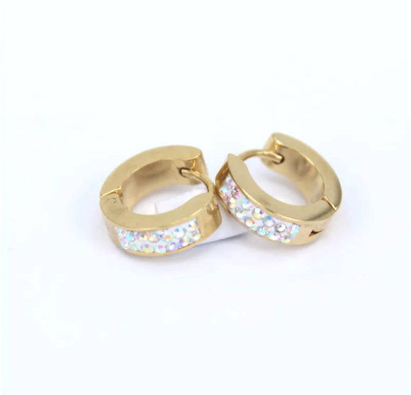 Titanium Gold Snap Back Rainbow Crystals Hoop Earring Pair