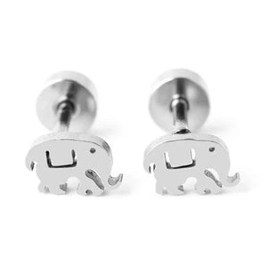 Titanium Silver Elephant Circle Back Screw on Studs Pair, Hypoallergenic