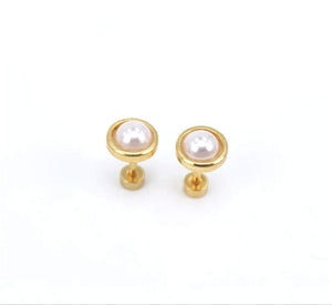 Gold Pearl Stud Earrings, Titanium, Minimalist Gold Pearl Screw Studs Pair