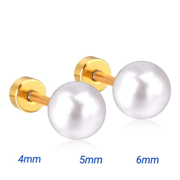 Gold Pearl Stud Earrings, Titanium, Minimalist Gold Pearl Screw Studs Pair