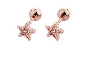 Rose Gold Stud Earrings, Titanium, Minimalist Star Crystal Screw Studs Pair