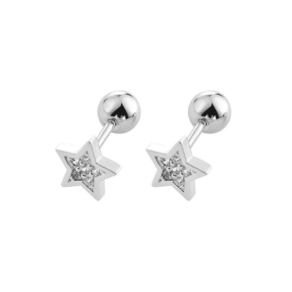 Silver Stud Earrings, Titanium, Minimalist Star Crystal Screw Studs Pair