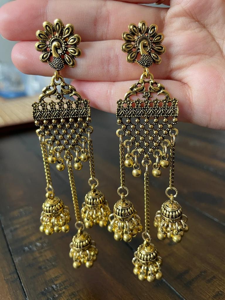 Gold Plated Geometric Design With Hanging Pearls Jhumka Earring