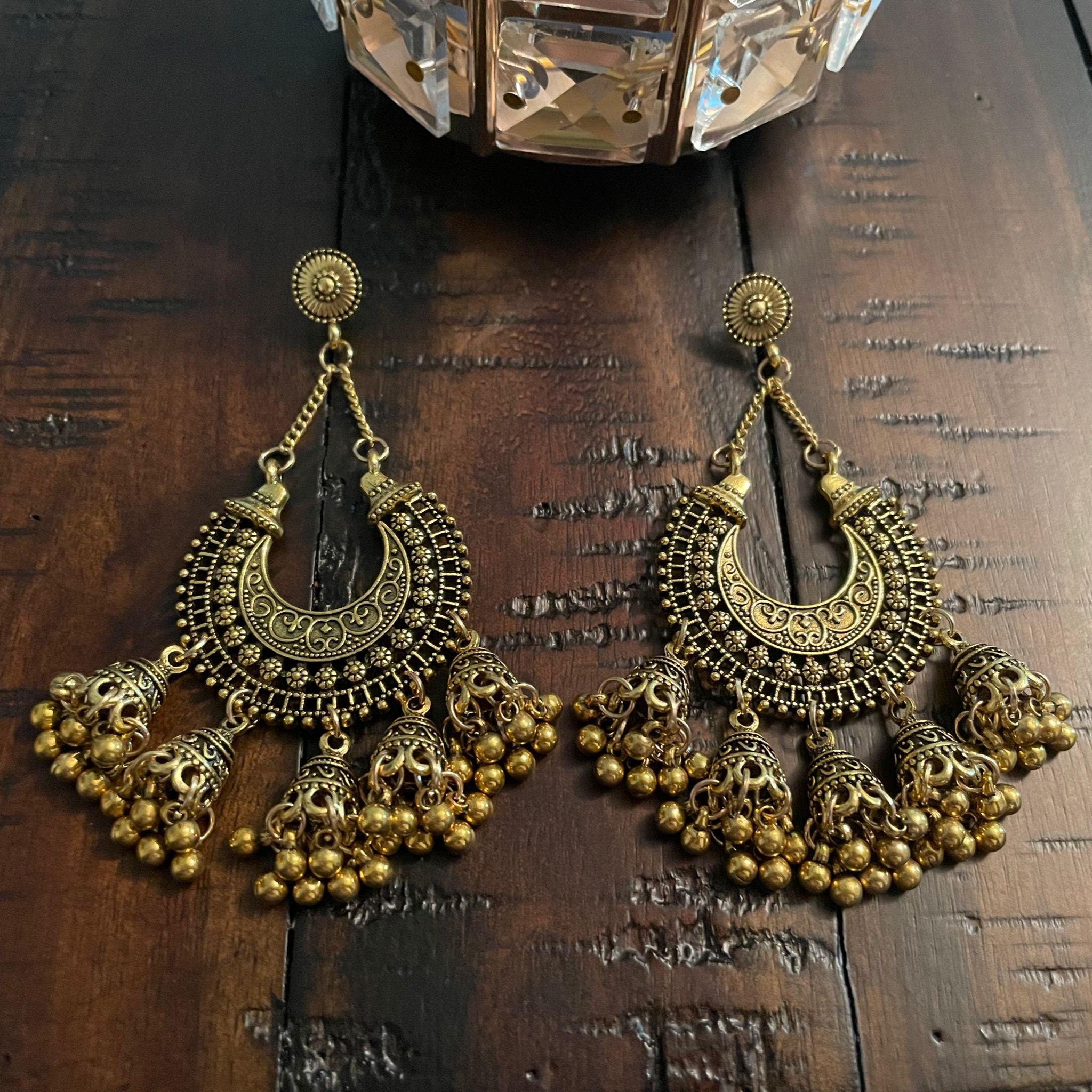 Gold Indian Long Hanging Jhumka Round Earrings Pair  HandTstudio