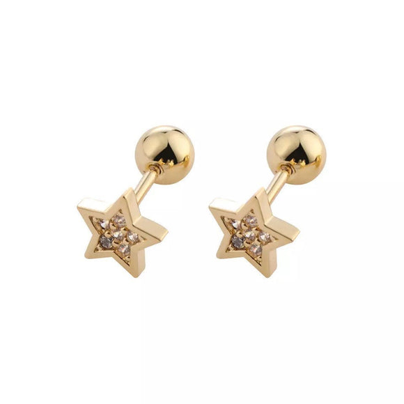 Gold Stud Earrings, Titanium, Minimalist Gold Star Crystal Screw Studs Pair