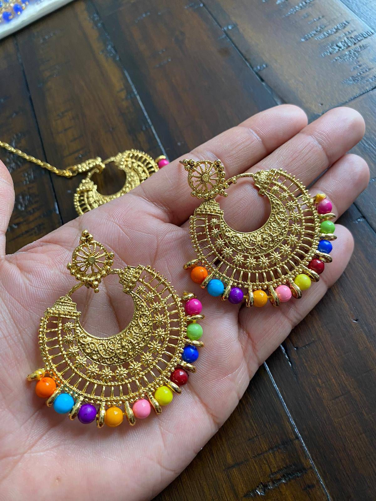 Laida Gold-Plated & Green Handcrafted Earrings with Maangtikka